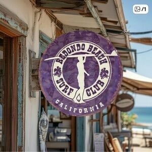 VINTAGE Redondo Beach Surf Club Wood Wall Plaque Purple Surf Decor